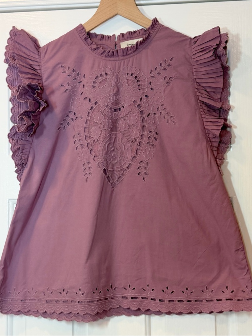 Berenice Paris Mauve Eyelet Embroidered Blouse Ruffle Sleeve Boho Top XS S